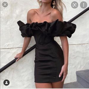 House of CB Selena Black Satin Puff Shoulder Dress